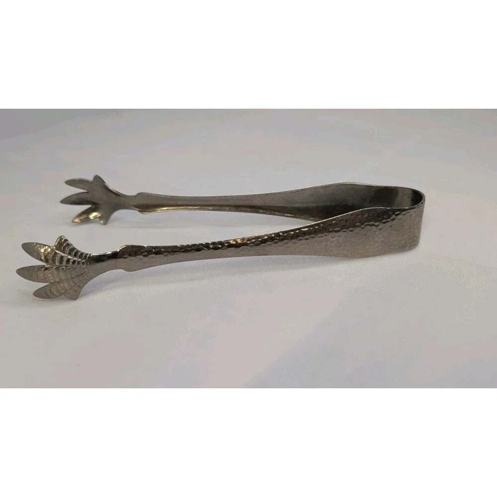 Vintage Sugar Tongs Bird Claw Grapes Design Silver Tone Hammered 6.5”